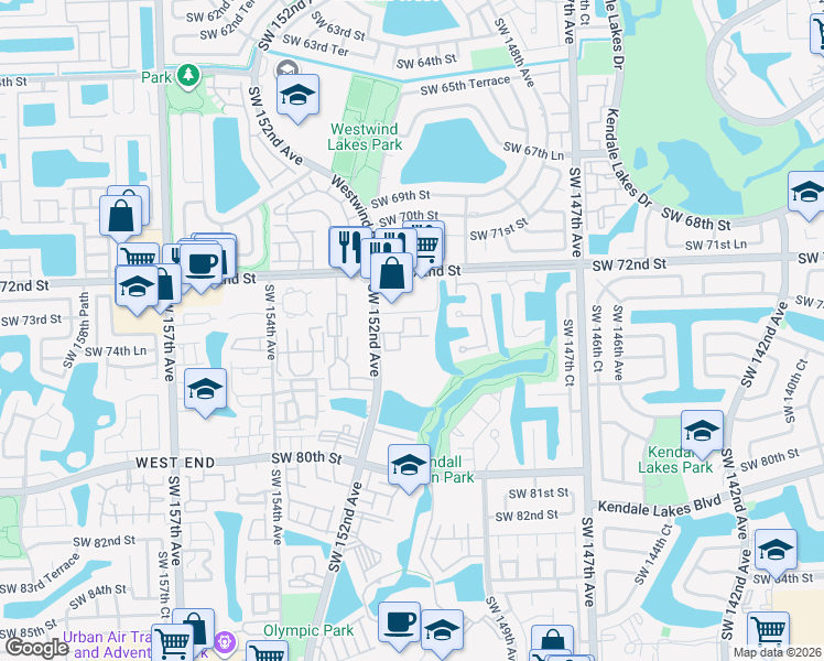 map of restaurants, bars, coffee shops, grocery stores, and more near 7429 Southwest 152nd Avenue in Miami