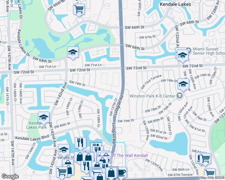 map of restaurants, bars, coffee shops, grocery stores, and more near 13800 Southwest 74th Street in Miami