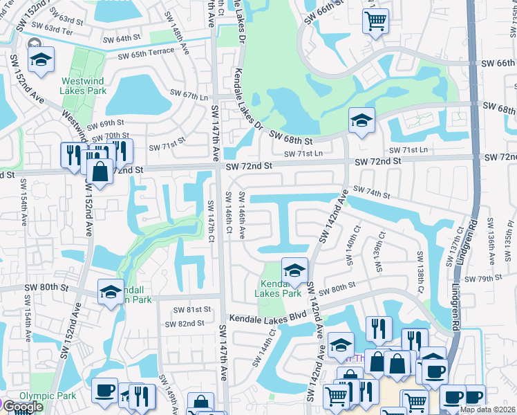 map of restaurants, bars, coffee shops, grocery stores, and more near 14551 Southwest 76th Street in Miami