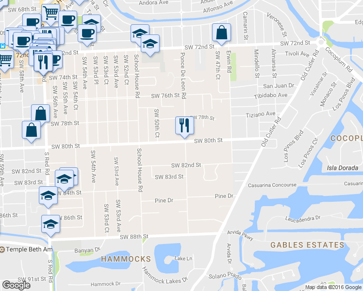 map of restaurants, bars, coffee shops, grocery stores, and more near 8002 Ponce De Leon Road in Miami