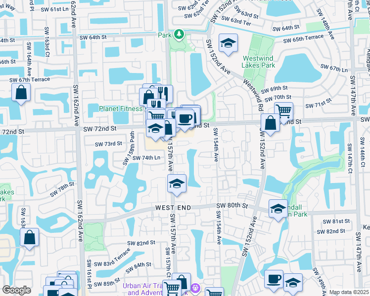 map of restaurants, bars, coffee shops, grocery stores, and more near 15615 Southwest 77th Circle Drive in Miami