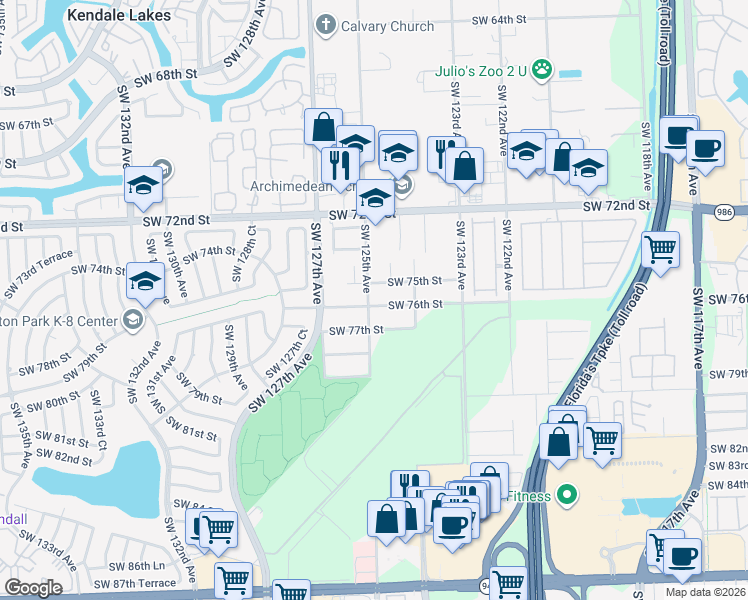 map of restaurants, bars, coffee shops, grocery stores, and more near 12454 Southwest 76th Street in Miami