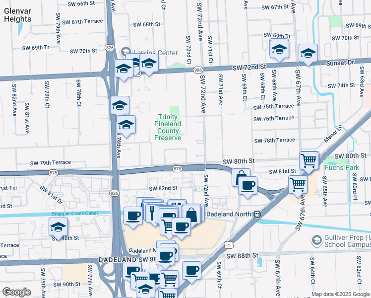 map of restaurants, bars, coffee shops, grocery stores, and more near Southwest 73rd Avenue in Miami