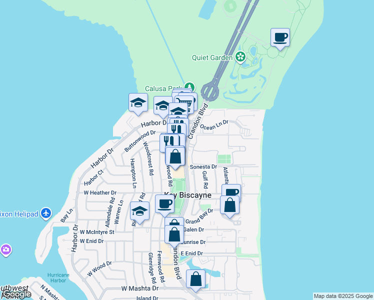 map of restaurants, bars, coffee shops, grocery stores, and more near 320 Crandon Boulevard in Key Biscayne
