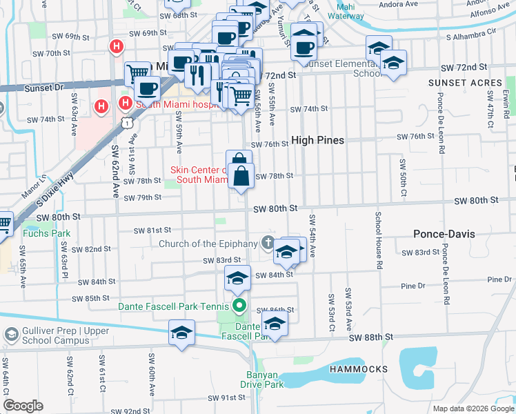 map of restaurants, bars, coffee shops, grocery stores, and more near 8019 Southwest 57th Avenue in South Miami