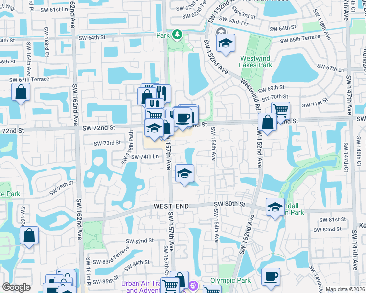 map of restaurants, bars, coffee shops, grocery stores, and more near 15615 Southwest 77th Circle Drive in Miami