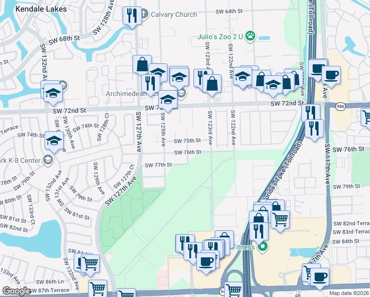 map of restaurants, bars, coffee shops, grocery stores, and more near 12391 Southwest 75th Street in Miami