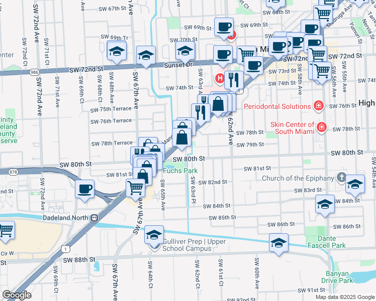 map of restaurants, bars, coffee shops, grocery stores, and more near 6380 South Dixie Highway in South Miami