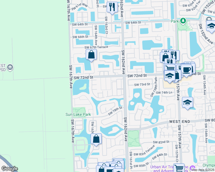 map of restaurants, bars, coffee shops, grocery stores, and more near 7241 Southwest 163rd Court in Miami