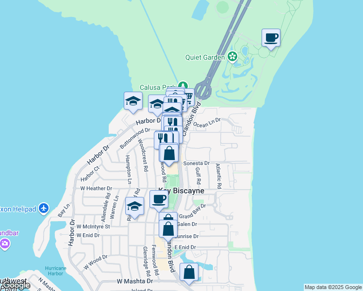map of restaurants, bars, coffee shops, grocery stores, and more near 180 Crandon Boulevard in Key Biscayne