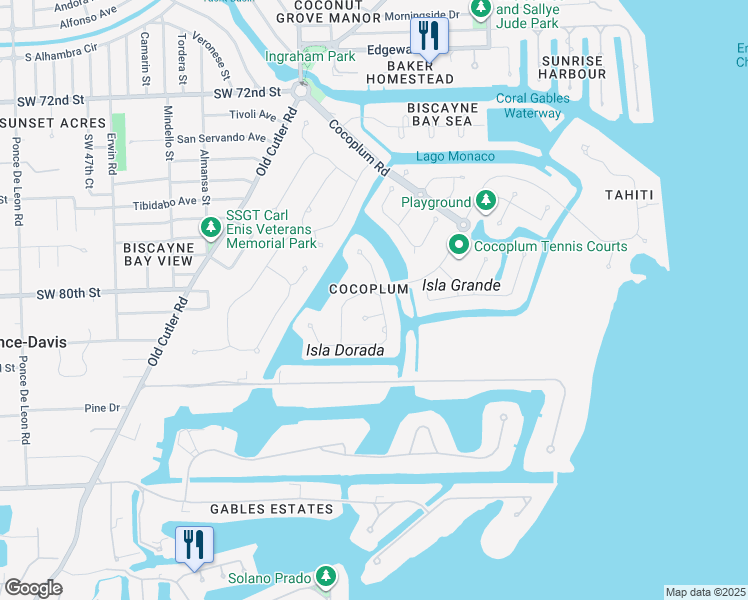 map of restaurants, bars, coffee shops, grocery stores, and more near 245 Costanera Road in Coral Gables