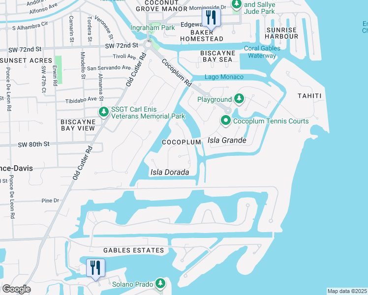 map of restaurants, bars, coffee shops, grocery stores, and more near 245 Costanera Road in Coral Gables