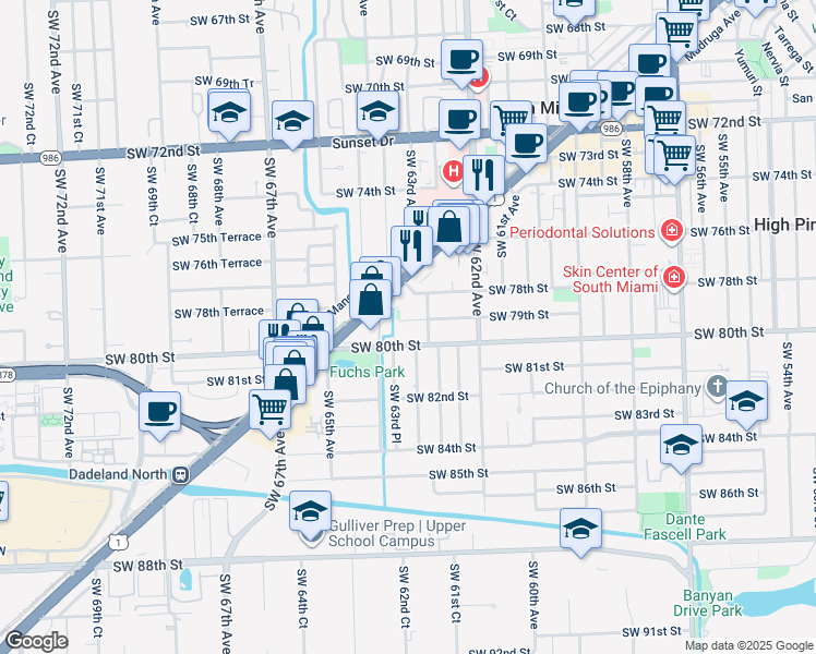 map of restaurants, bars, coffee shops, grocery stores, and more near 6380 South Dixie Highway in South Miami