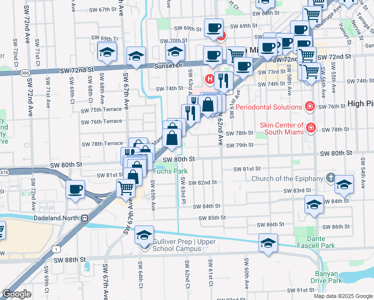 map of restaurants, bars, coffee shops, grocery stores, and more near 6380 South Dixie Highway in South Miami