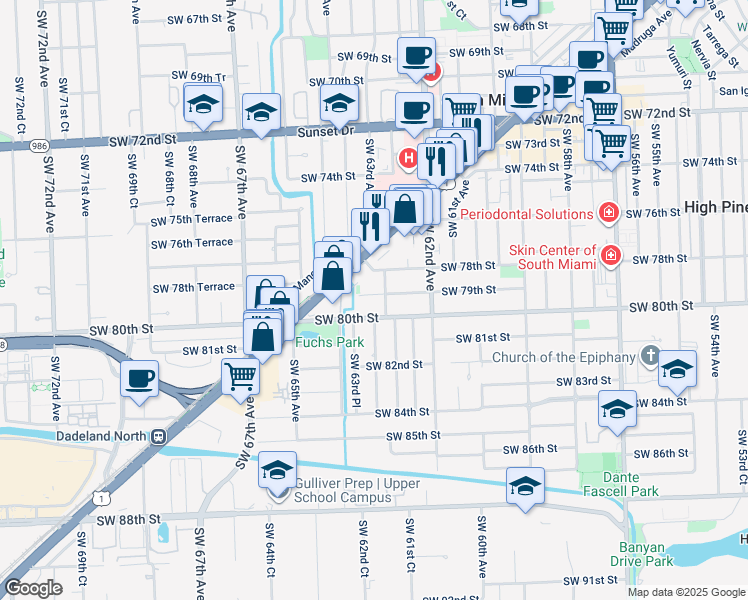 map of restaurants, bars, coffee shops, grocery stores, and more near 6251 Southwest 79th Street in South Miami