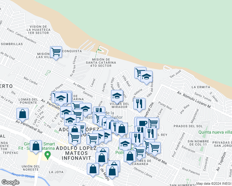 map of restaurants, bars, coffee shops, grocery stores, and more near Villa Palermo in Santa Catarina