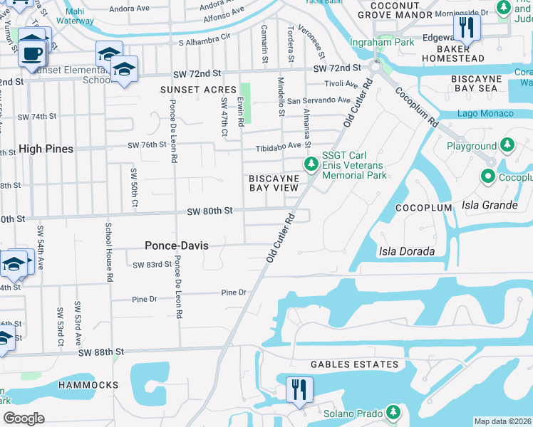 map of restaurants, bars, coffee shops, grocery stores, and more near 7900 Altamira Street in Coral Gables