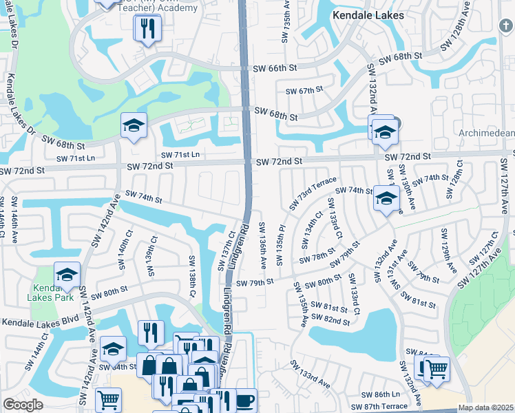 map of restaurants, bars, coffee shops, grocery stores, and more near 13605 Southwest 73rd Terrace in Miami