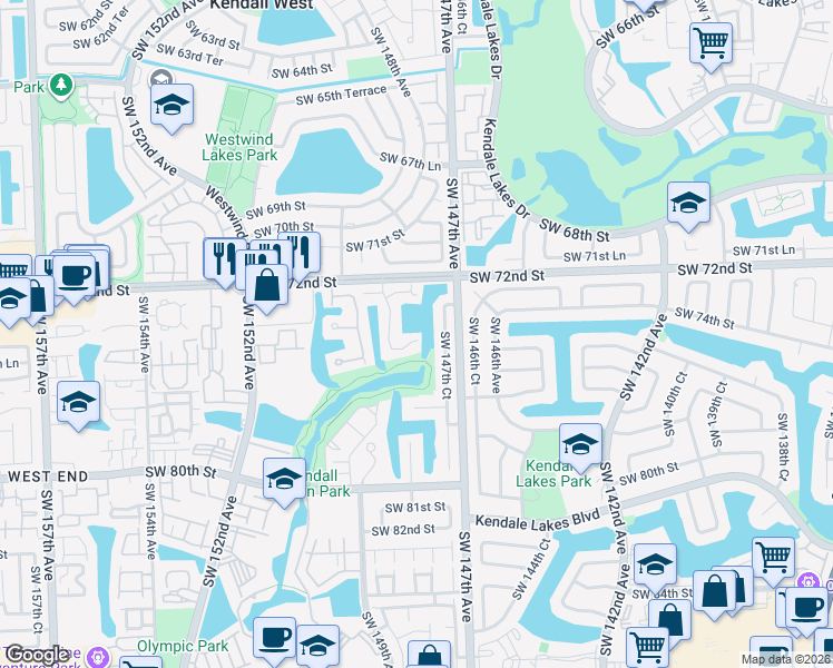 map of restaurants, bars, coffee shops, grocery stores, and more near 7400 Southwest 147th Court in Miami
