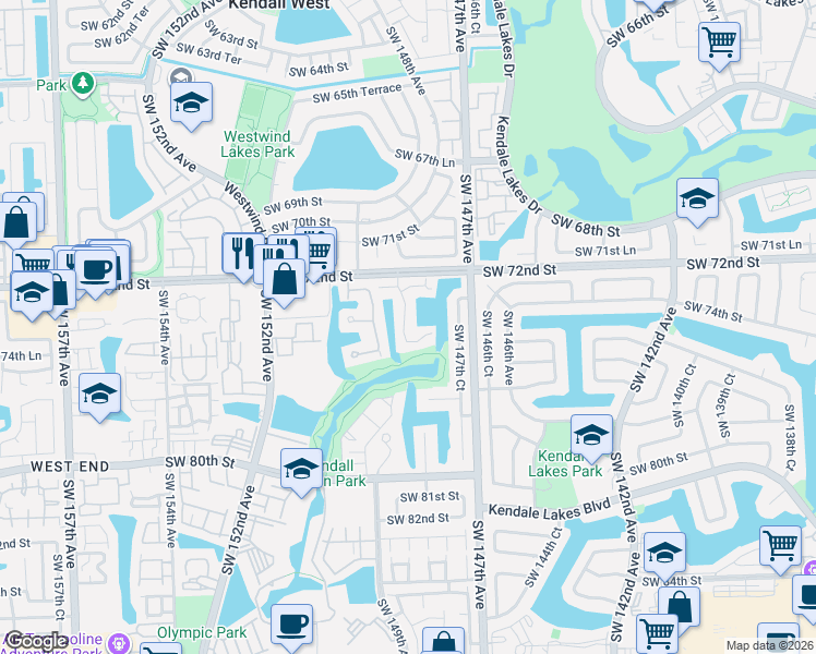 map of restaurants, bars, coffee shops, grocery stores, and more near 7315 Southwest 148th Court in Miami