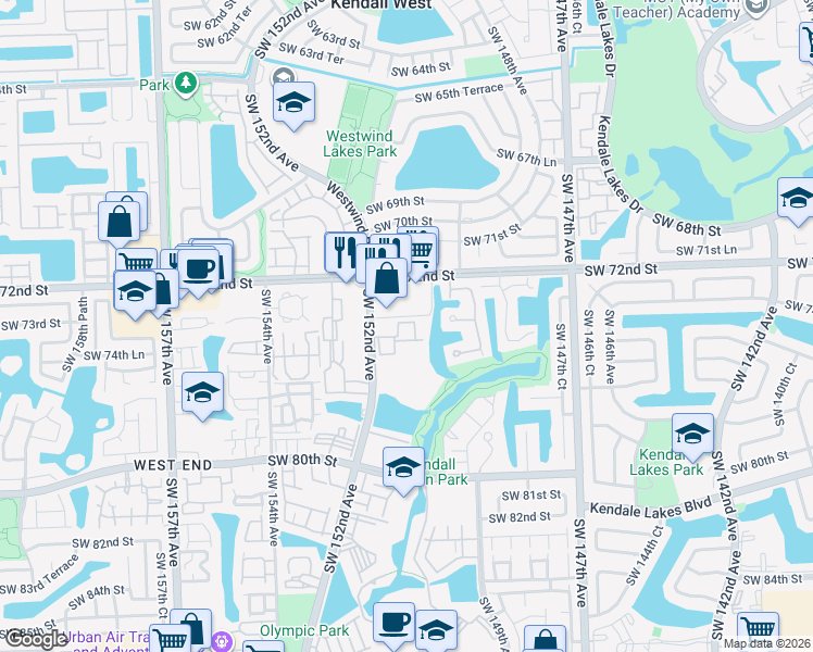 map of restaurants, bars, coffee shops, grocery stores, and more near 15130 Southwest 72nd Street in Miami