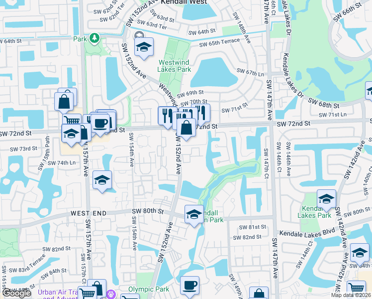 map of restaurants, bars, coffee shops, grocery stores, and more near 15130 Southwest 72nd Street in Miami