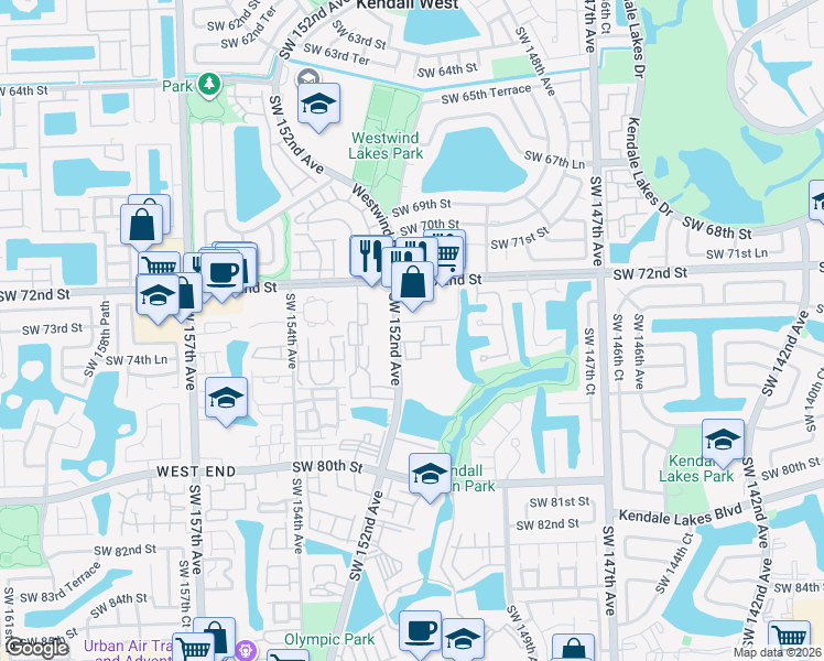 map of restaurants, bars, coffee shops, grocery stores, and more near 15130 Southwest 72nd Street in Miami