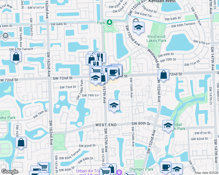map of restaurants, bars, coffee shops, grocery stores, and more near 15680 Southwest 72nd Street in Miami
