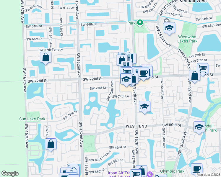 map of restaurants, bars, coffee shops, grocery stores, and more near 7258 Southwest 158th Place in Miami
