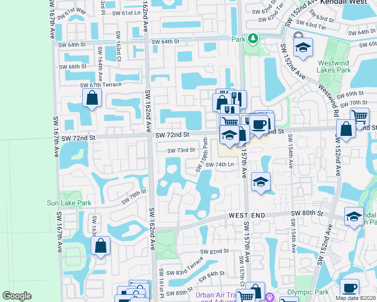 map of restaurants, bars, coffee shops, grocery stores, and more near 15940 Southwest 72nd Terrace in Miami