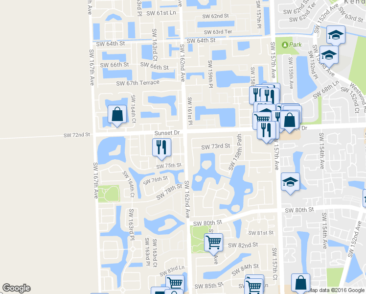 map of restaurants, bars, coffee shops, grocery stores, and more near 7349 Southwest 162nd Court in Miami