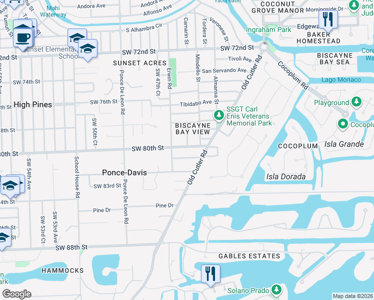 map of restaurants, bars, coffee shops, grocery stores, and more near 7900 Altamira Street in Coral Gables
