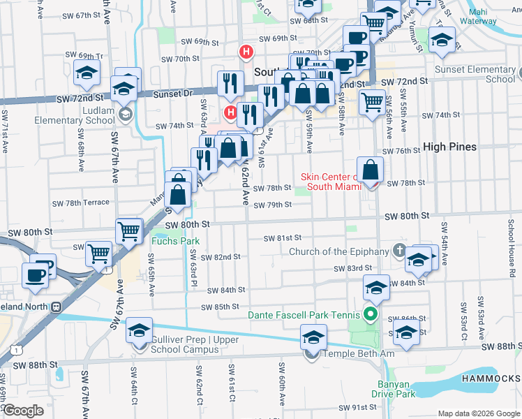 map of restaurants, bars, coffee shops, grocery stores, and more near 6091 Southwest 79th Street in South Miami