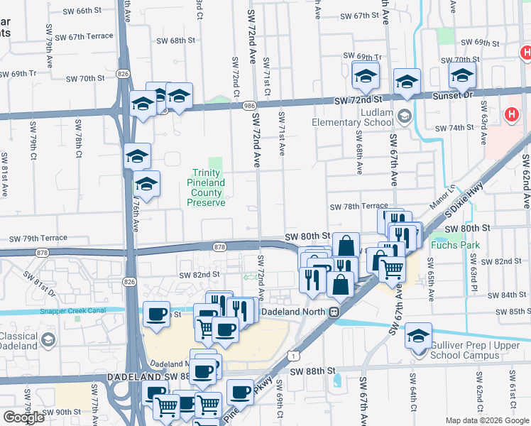 map of restaurants, bars, coffee shops, grocery stores, and more near 7780 Southwest 71st Avenue in Miami