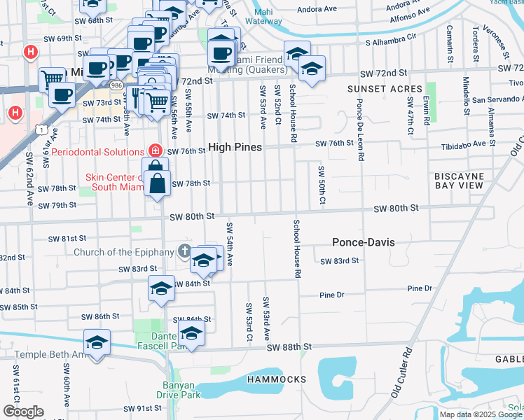 map of restaurants, bars, coffee shops, grocery stores, and more near 7925 Southwest 53rd Avenue in Miami