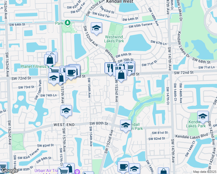 map of restaurants, bars, coffee shops, grocery stores, and more near 15331 Southwest 73rd Terrace Circle in Miami