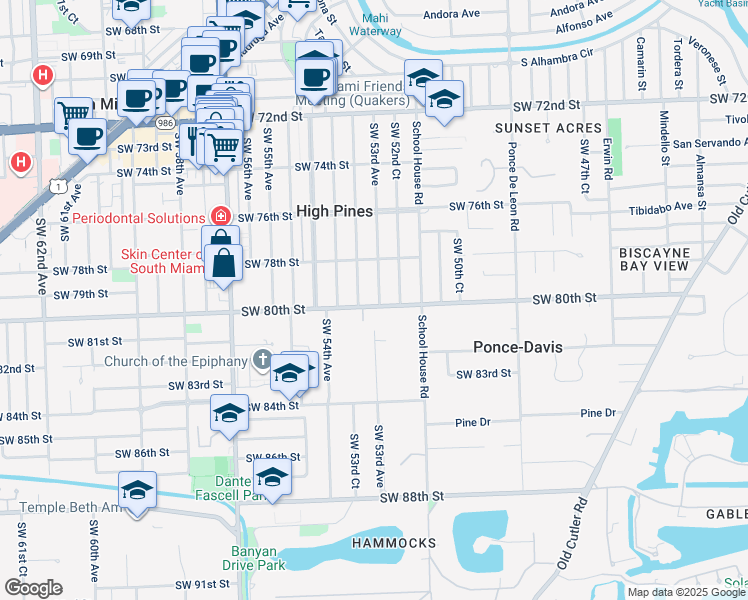 map of restaurants, bars, coffee shops, grocery stores, and more near 7925 Southwest 53rd Avenue in Miami