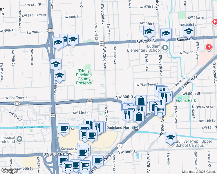 map of restaurants, bars, coffee shops, grocery stores, and more near 7780 Southwest 71st Avenue in Miami