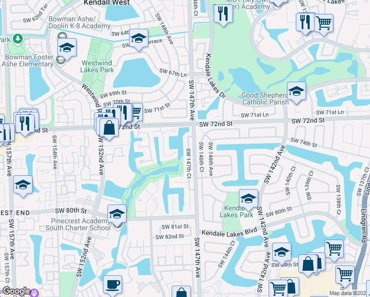 map of restaurants, bars, coffee shops, grocery stores, and more near 7400 Southwest 147th Court in Miami