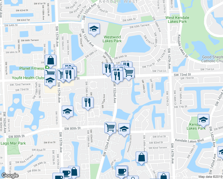 map of restaurants, bars, coffee shops, grocery stores, and more near 7330 Southwest 152nd Avenue in Miami