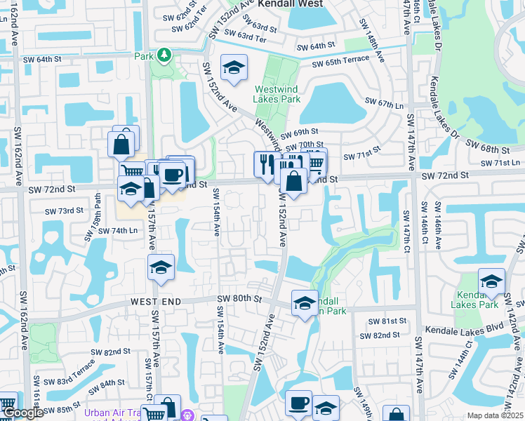 map of restaurants, bars, coffee shops, grocery stores, and more near 15331 Southwest 73rd Terrace Circle in Miami