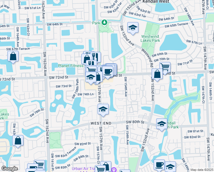 map of restaurants, bars, coffee shops, grocery stores, and more near 15649 Southwest 73rd Circle Terrace in Miami