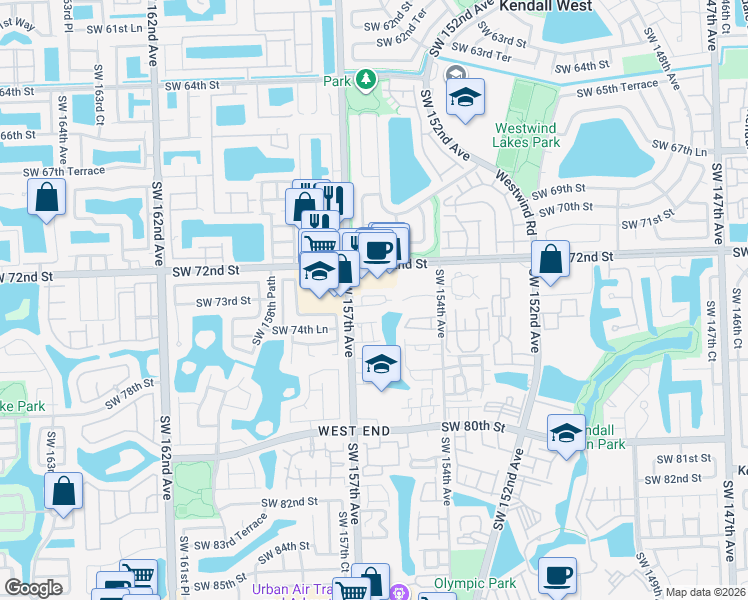 map of restaurants, bars, coffee shops, grocery stores, and more near 15649 Southwest 73rd Circle Terrace in Miami