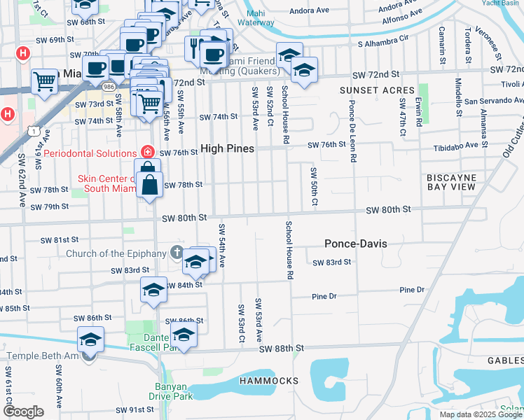 map of restaurants, bars, coffee shops, grocery stores, and more near 7925 Southwest 53rd Avenue in Miami