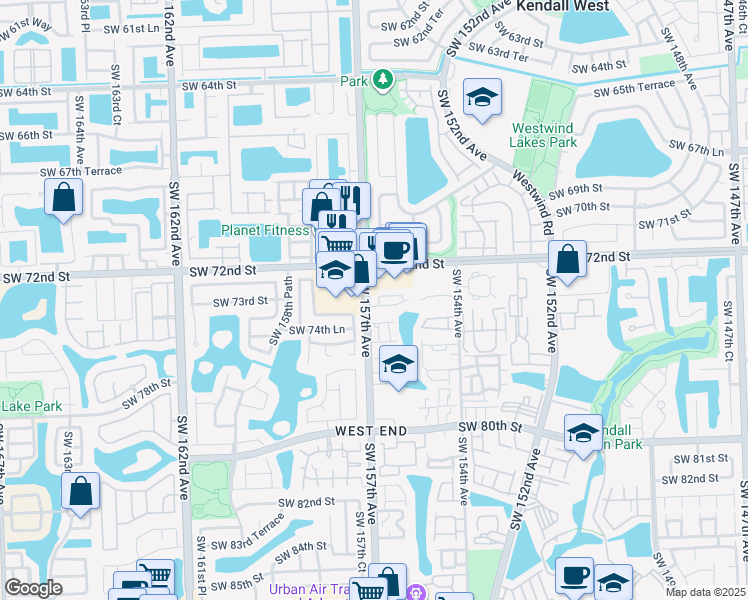 map of restaurants, bars, coffee shops, grocery stores, and more near 15619 Southwest 73rd Circle Terrace in Miami