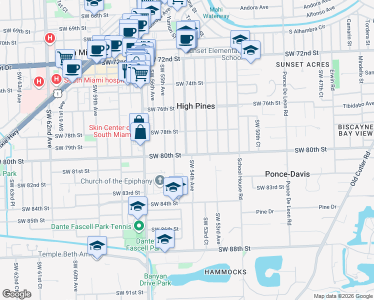 map of restaurants, bars, coffee shops, grocery stores, and more near Southwest 54th Avenue in Miami