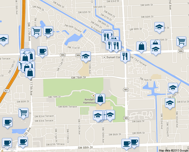map of restaurants, bars, coffee shops, grocery stores, and more near 7561 Southwest 109th Place in Miami