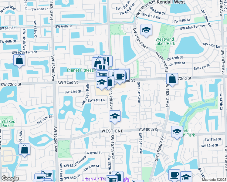 map of restaurants, bars, coffee shops, grocery stores, and more near 15680 Southwest 72nd Street in Miami