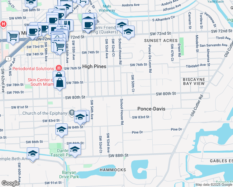 map of restaurants, bars, coffee shops, grocery stores, and more near 7975 Southwest 52nd Court in Miami