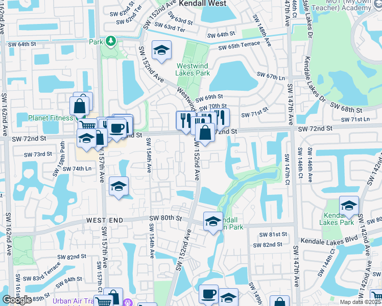 map of restaurants, bars, coffee shops, grocery stores, and more near 7330 Southwest 152nd Avenue in Miami